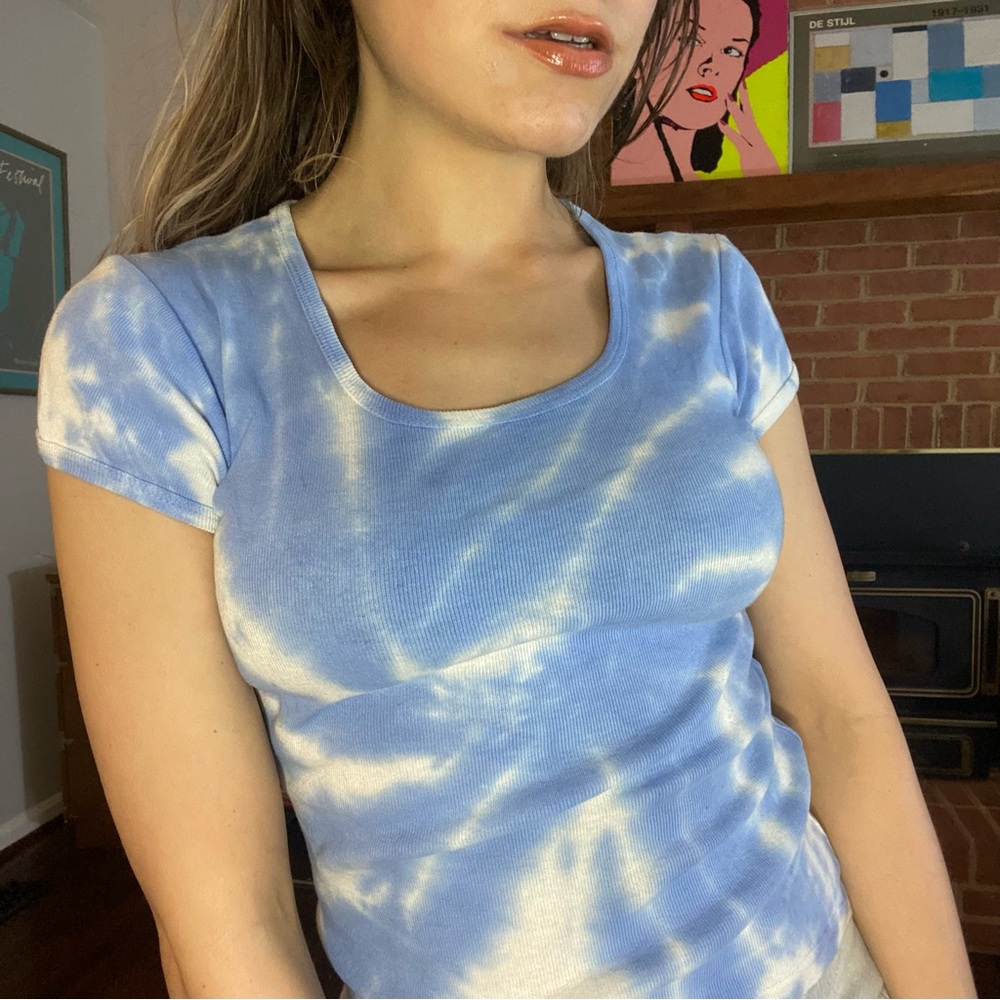 Vintage 90s Y2K Cloud Tie Dye California Made Fitted Baby Scoop Neck Pas…